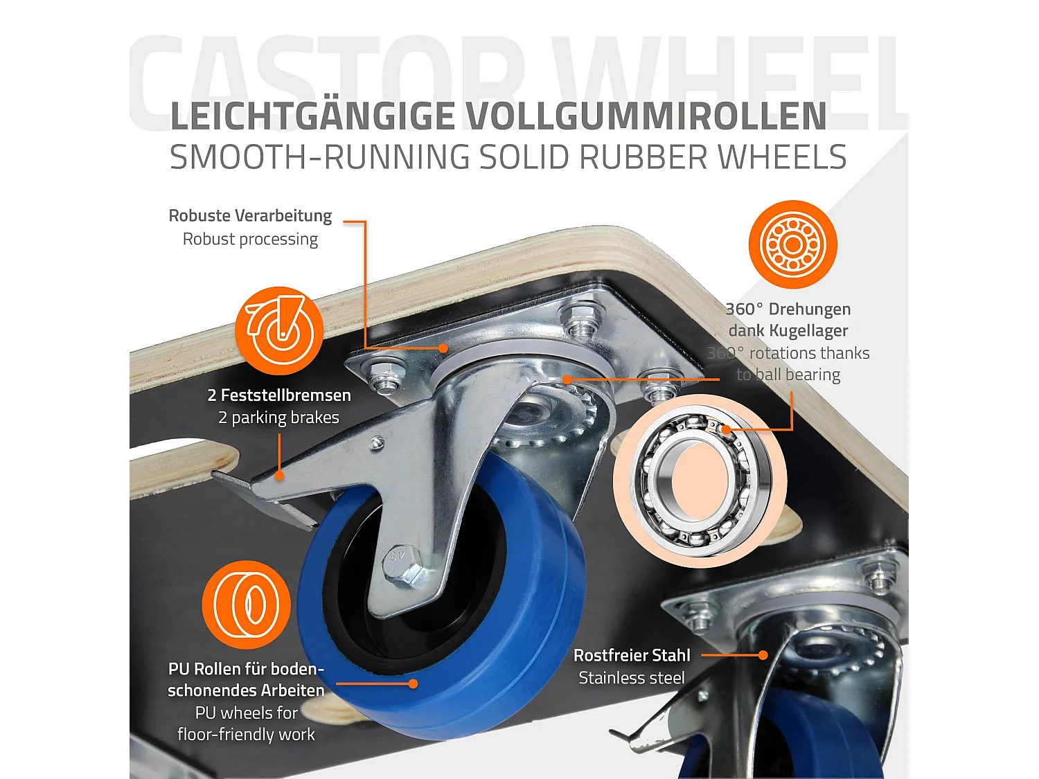 Chariot de transport avec 2 freins 60x80 cm capacité 800 kg plateau contreplaqué antidérapant roulettes en PP idéal pour meubles et déménagement