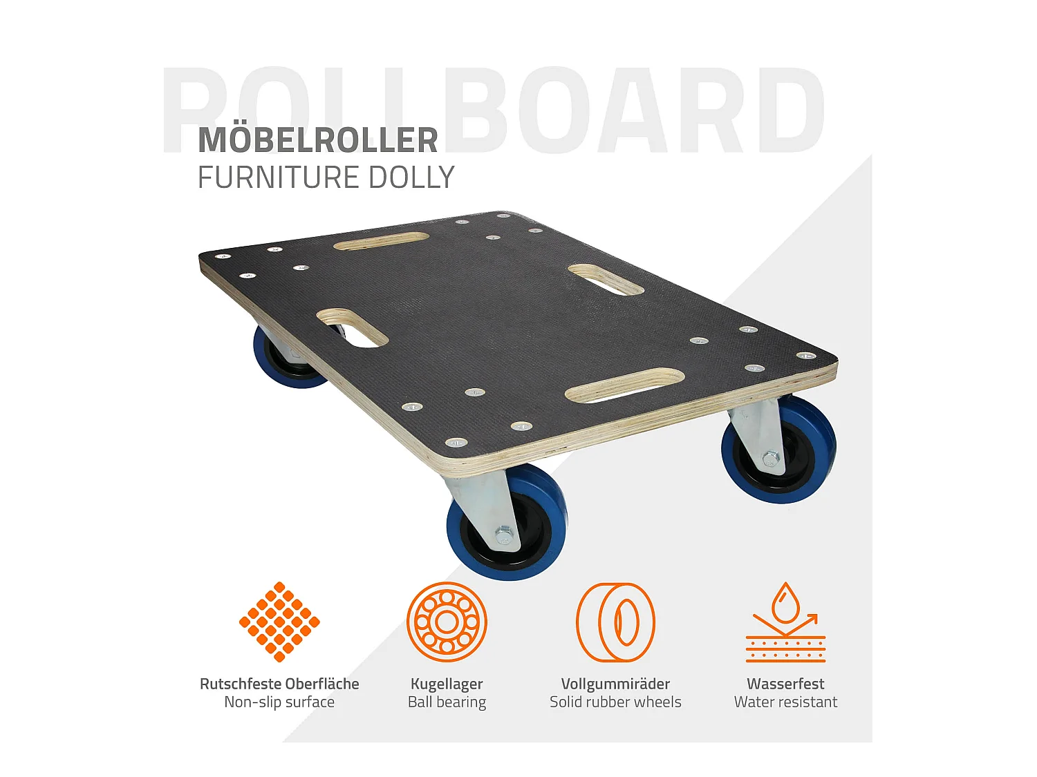 Chariot de transport 40x60 cm capacité 800 kg plateau roulant contreplaqué surface antidérapante roulettes en PP idéal pour meubles et déménagement