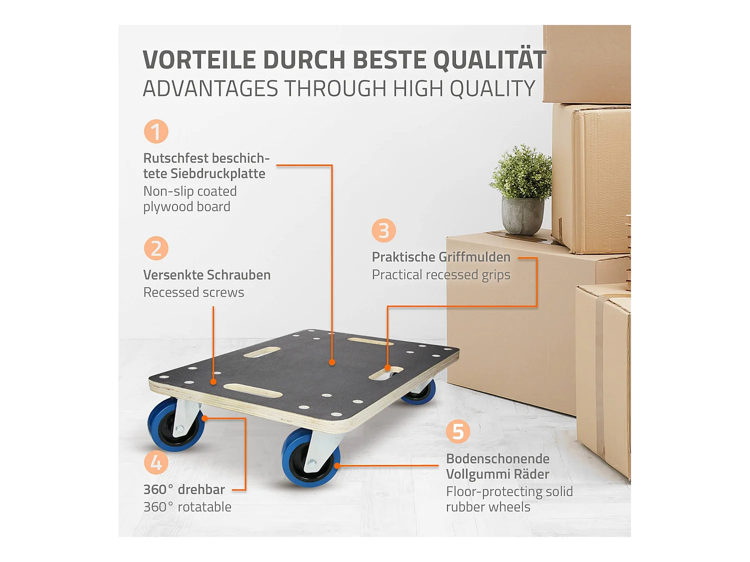 Chariot de transport 40x60 cm capacité 800 kg plateau roulant contreplaqué surface antidérapante roulettes en PP idéal pour meubles et déménagement