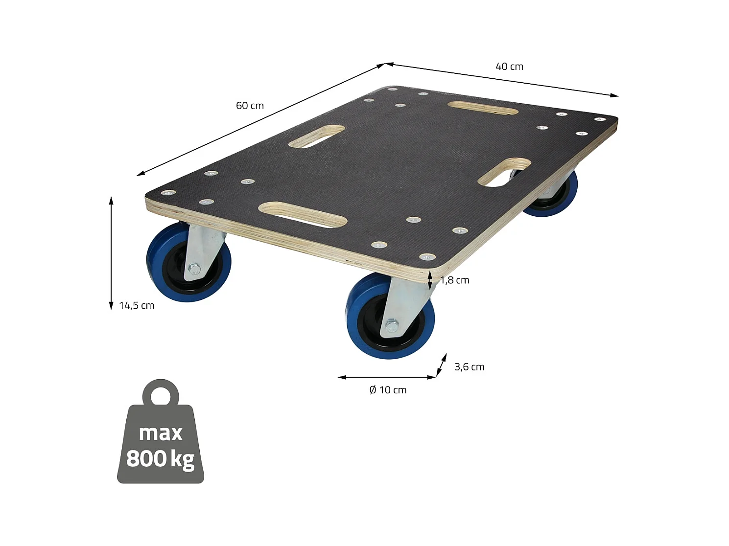 Chariot de transport 40x60 cm capacité 800 kg plateau roulant contreplaqué surface antidérapante roulettes en PP idéal pour meubles et déménagement