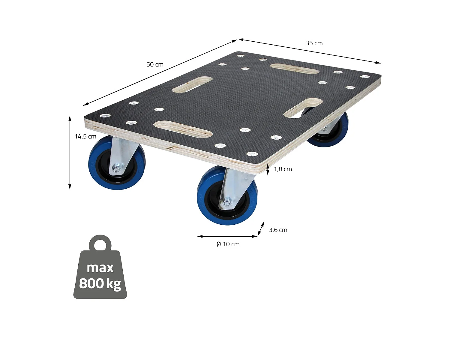 ECD Germany Carrello da trasporto elettrodomestici 35x50 cm 800 kg con piattaforma girevole 4 ruote in gomma orientabili base per trasloco pesante