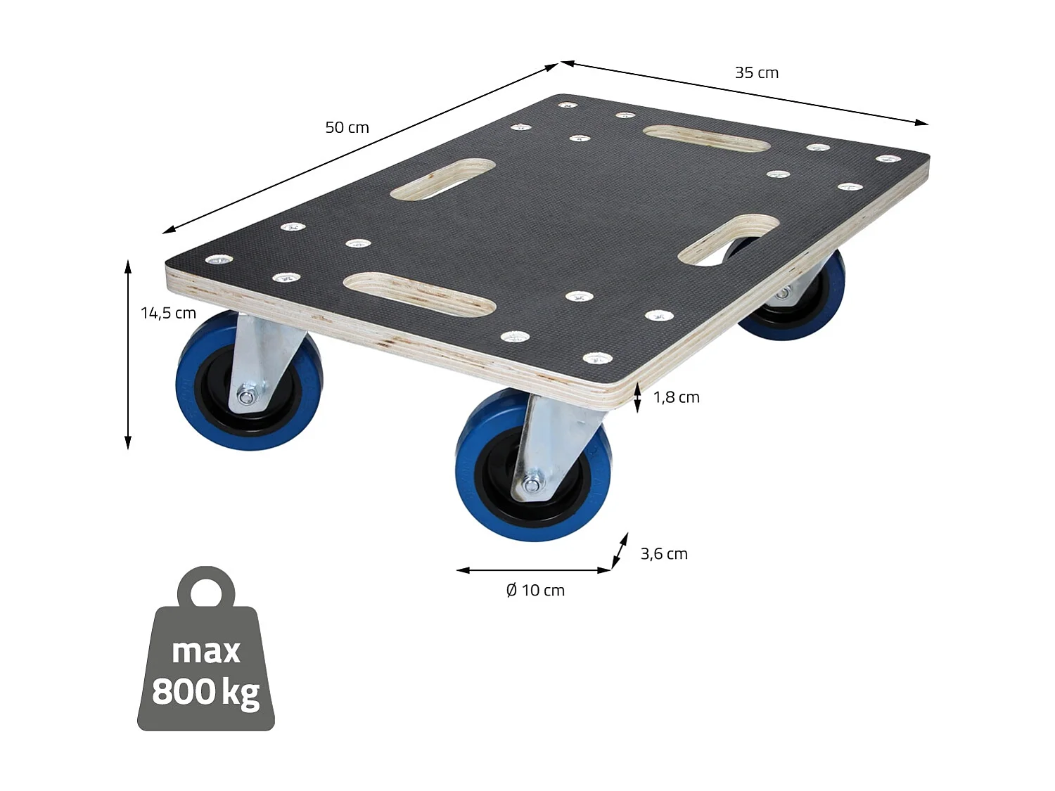 Chariot de transport 35x50 cm capacité 800 kg plateau roulant contreplaqué surface antidérapante roulettes en PP idéal pour meubles et déménagement
