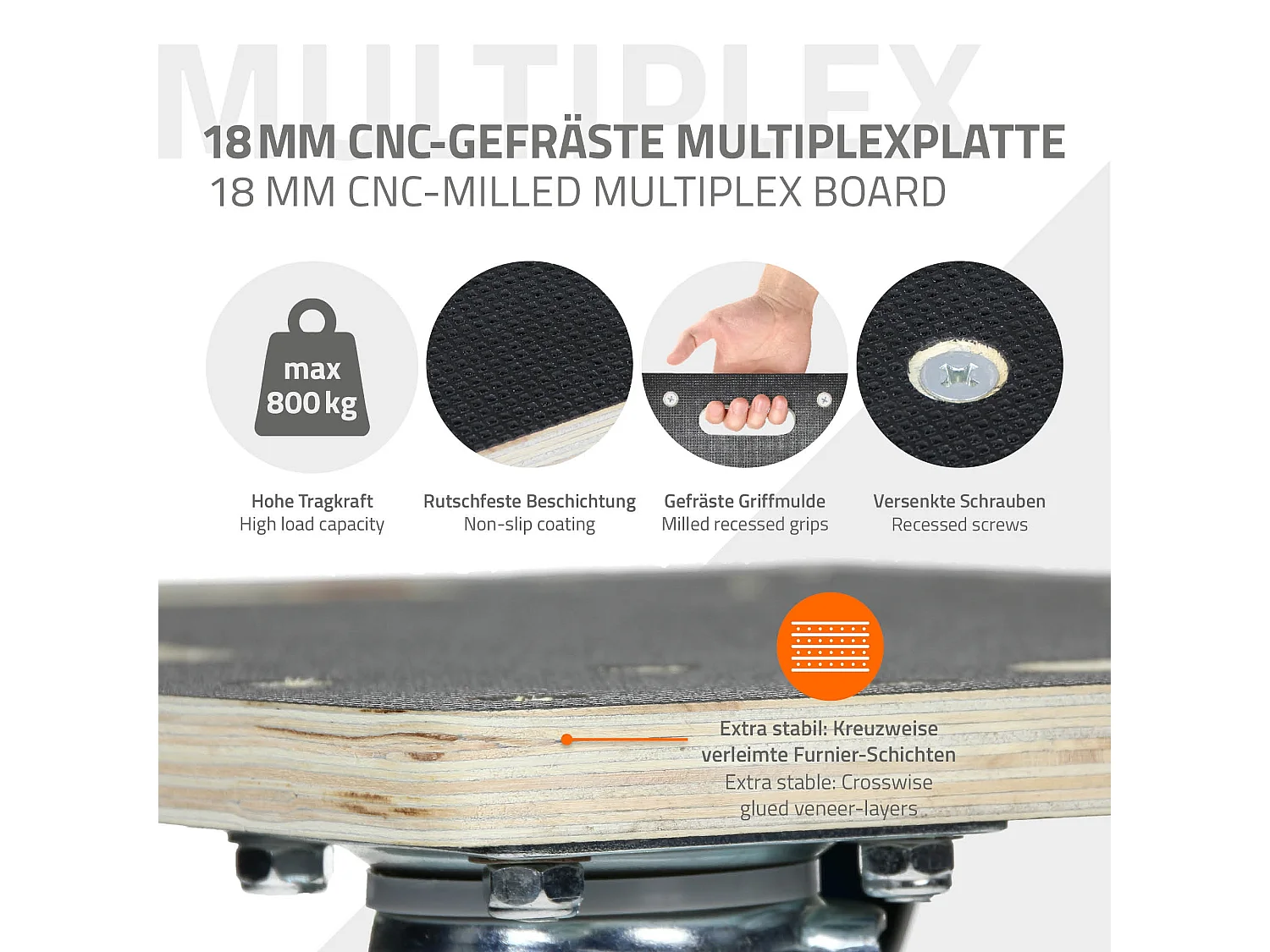 ECD Germany Carrello trasporto mobili ed elettrodomestici 35x50 cm 800 kg piattaforma girevole con 2 ruote con freni in gomma base mobile per trasloco