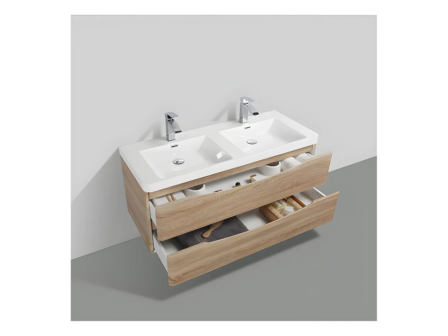 Mueble Lavabo  + Lavabo Doble 120 cm MONTADO - Roble Claro PIACENZA