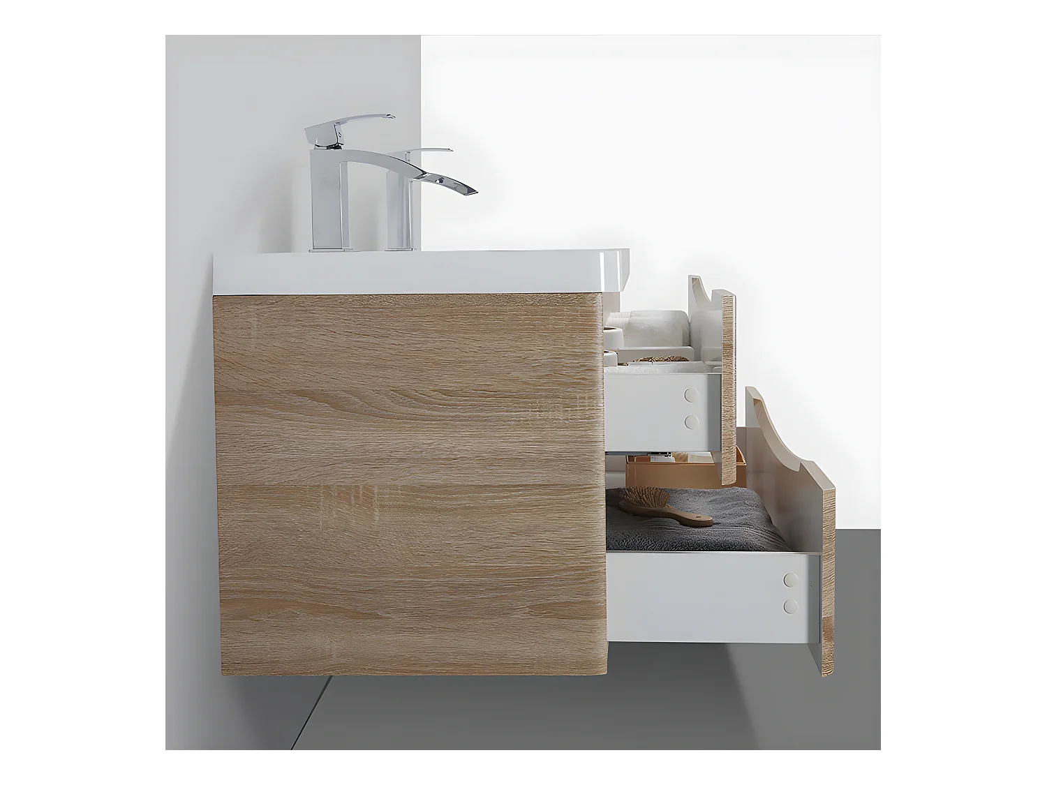 Doppelwaschtisch + Unterschrank 120cm montiert Eiche hell PIACENZA 120 cm