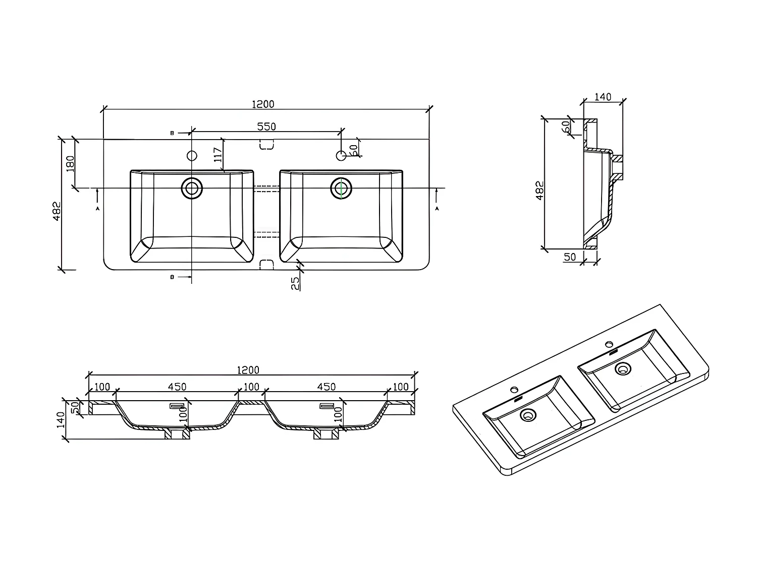 Doppelwaschtisch + Unterschrank 120cm montiert Eiche hell PIACENZA 120 cm