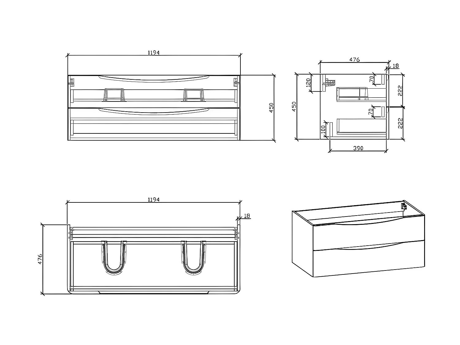 Doppelwaschtisch + Unterschrank 120cm montiert Eiche hell PIACENZA 120 cm