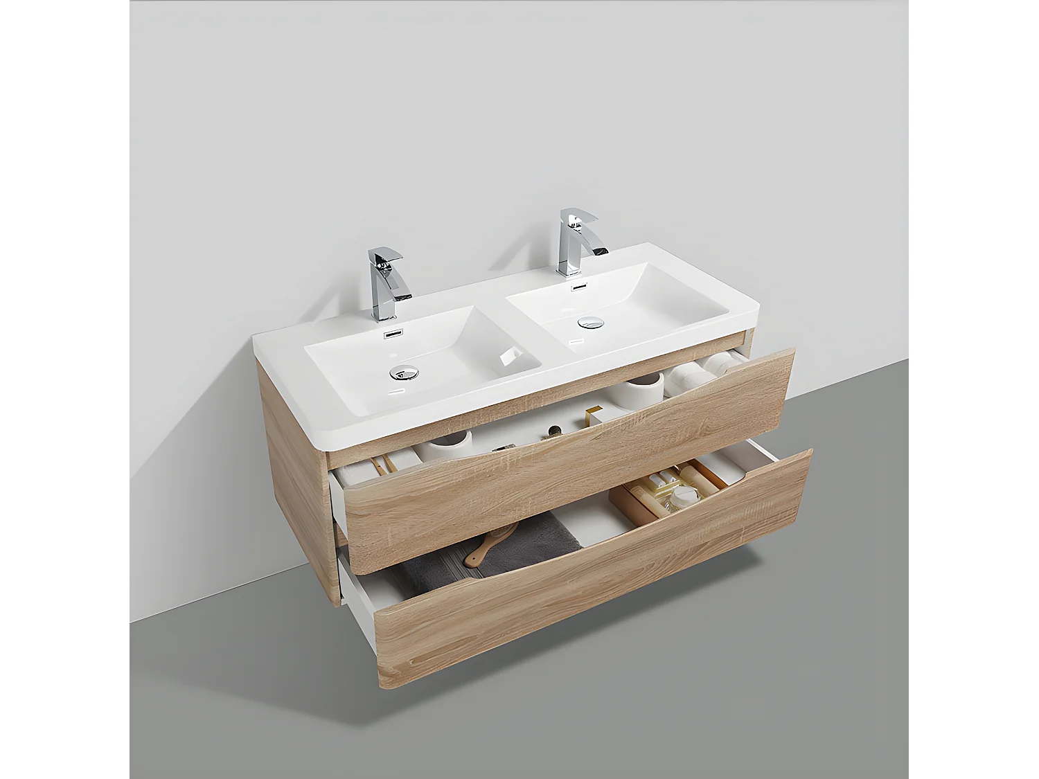 Doppelwaschtisch + Unterschrank 120cm montiert Eiche hell PIACENZA 120 cm