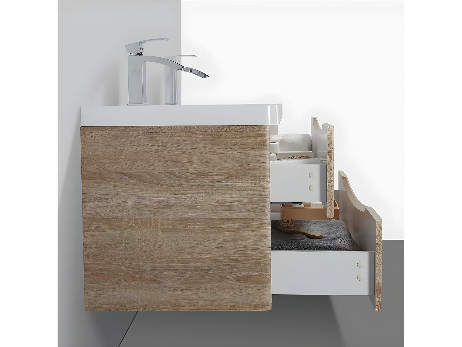 Doppelwaschtisch + Unterschrank 120cm montiert Eiche hell PIACENZA 120 cm