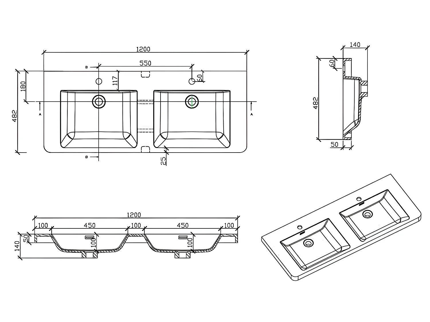 Doppelwaschtisch + Unterschrank 120cm montiert Eiche hell PIACENZA 120 cm