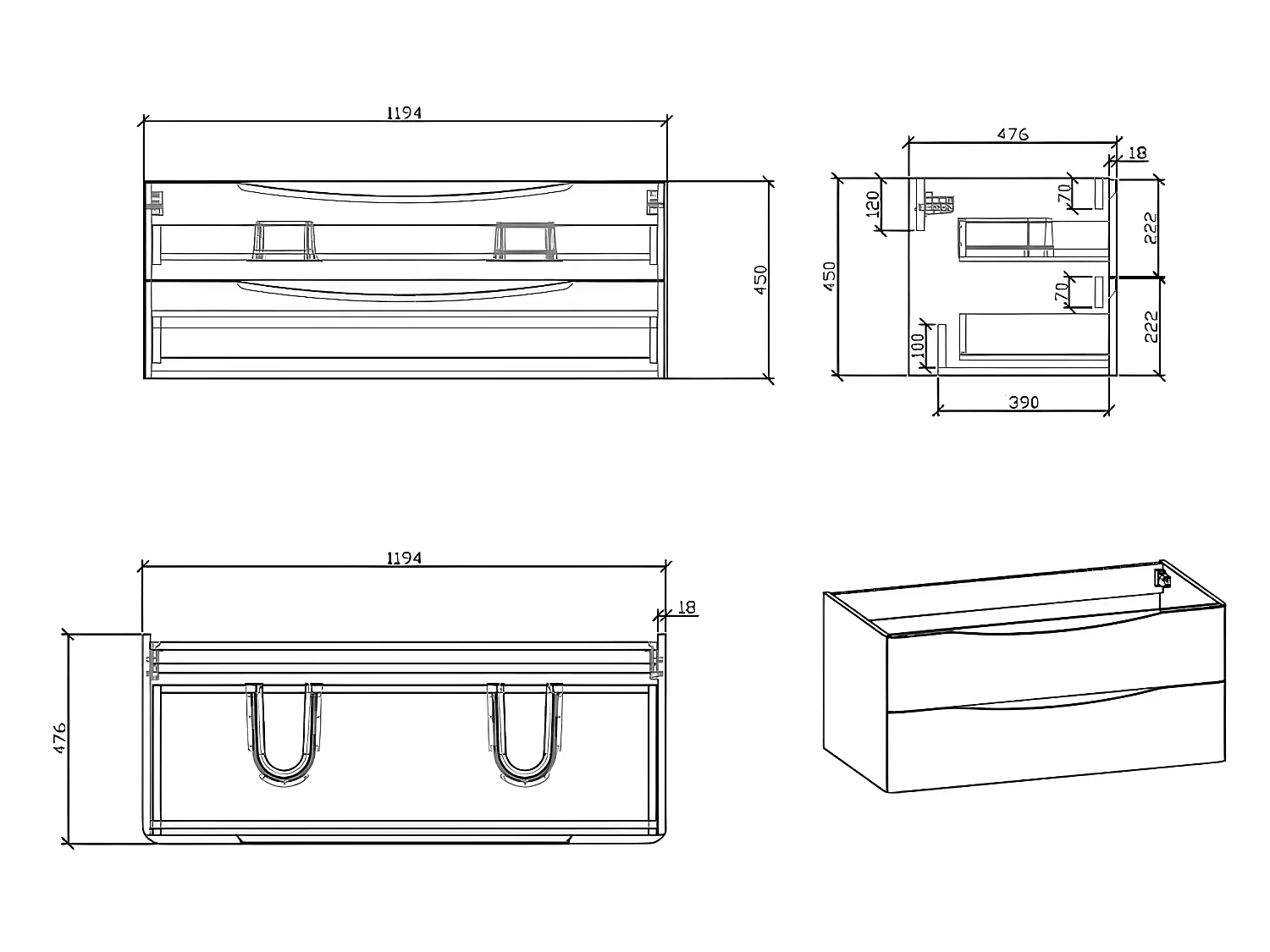 Doppelwaschtisch + Unterschrank 120cm montiert Eiche hell PIACENZA 120 cm