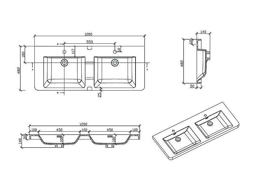 Doppelwaschtisch + Unterschrank 120cm montiert weiß PIACENZA 120 cm