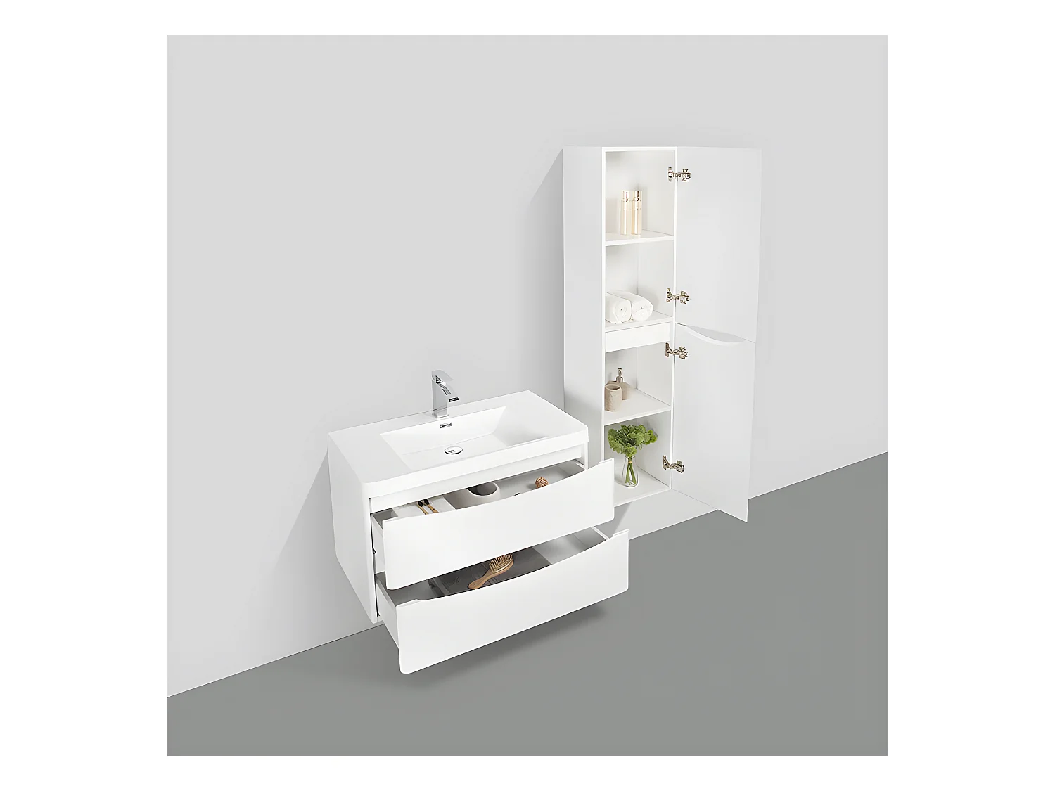 Meuble salle de bain design simple vasque PIACENZA largeur 90 cm blanc laqué