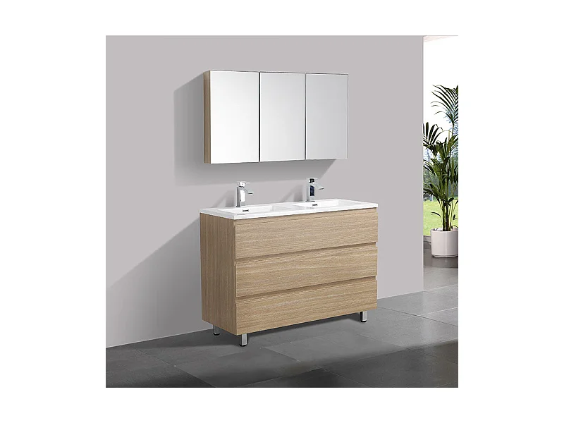 Doppelwaschtisch + Unterschrank 120 cm montiert VERONA Eiche hell