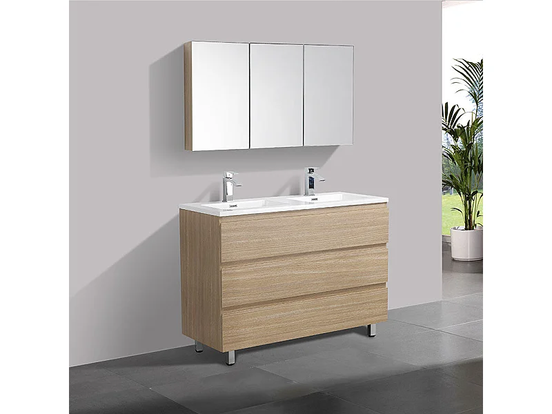 Doppelwaschtisch + Unterschrank 120 cm montiert VERONA Eiche hell