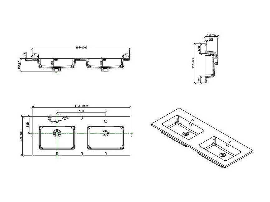 Doppelwaschtisch + Unterschrank 120 cm montiert VERONA Eiche hell