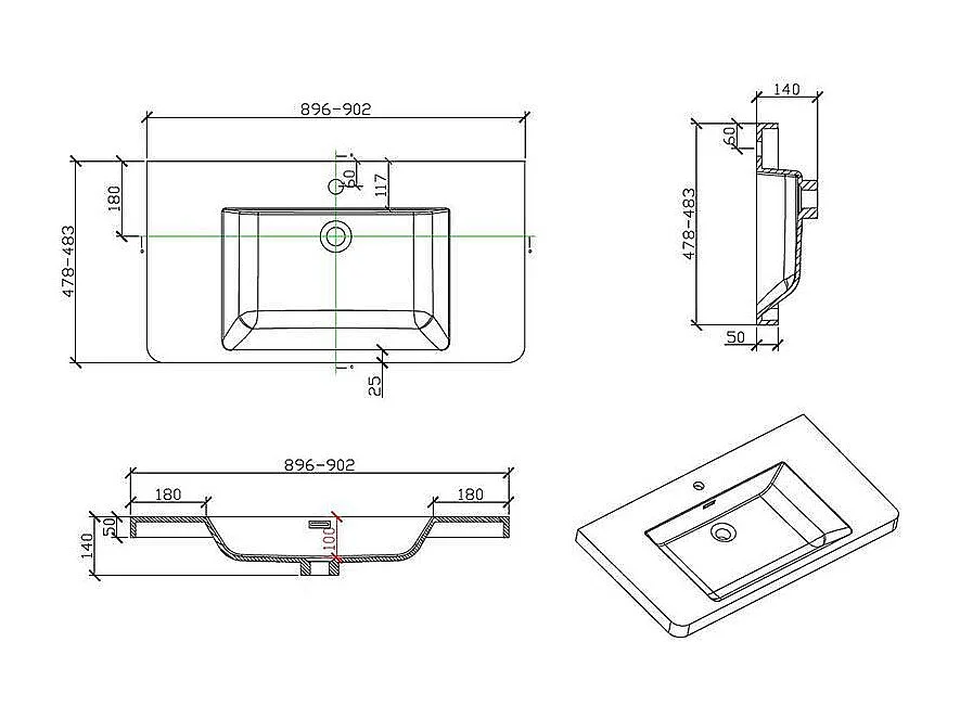 Waschtisch + Unterschrank 90cm montiert Eiche hell PIACENZA 90 cm