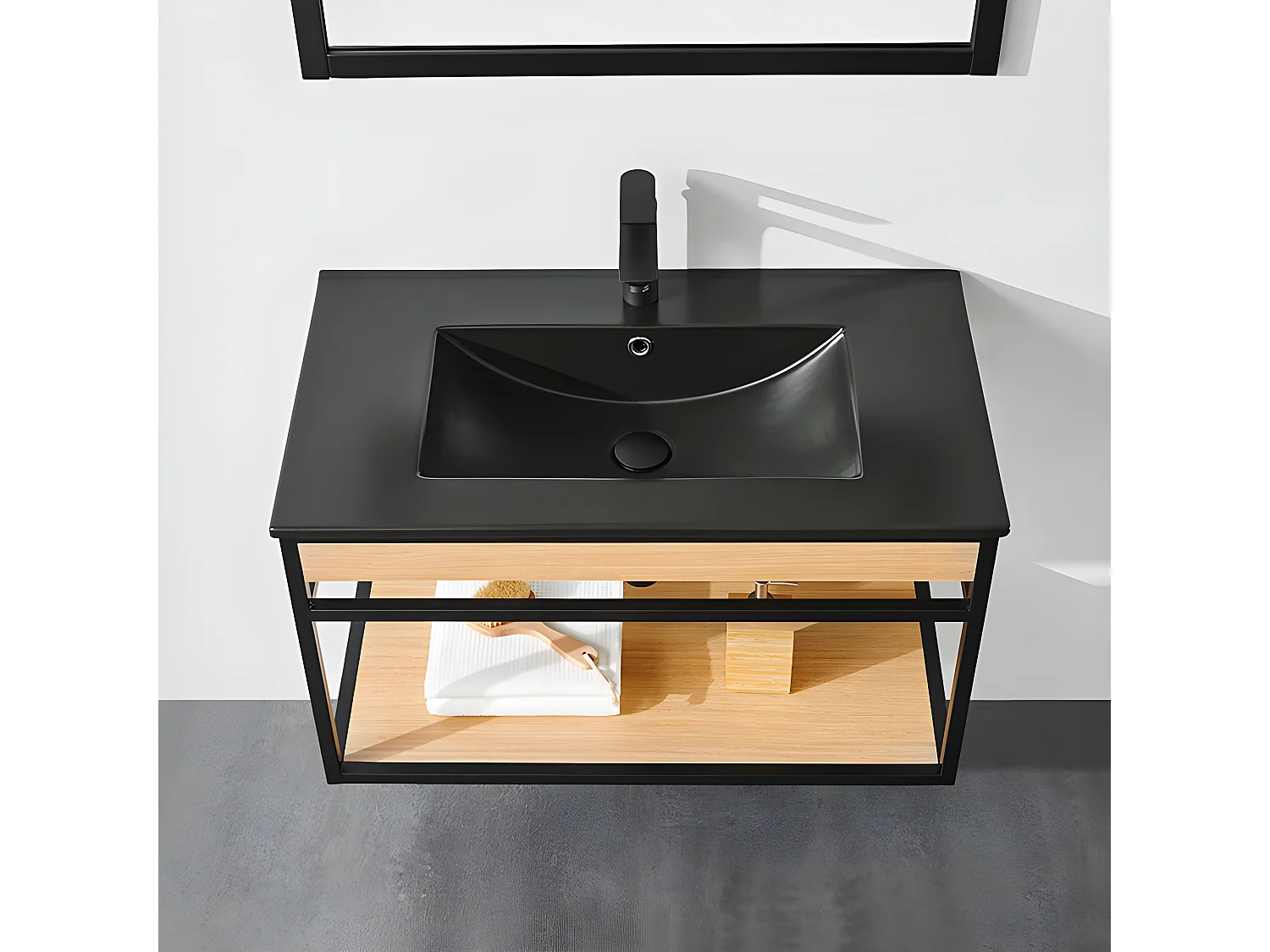 Meuble salle de bain suspendu PURE largeur 80 cm en métal noir avec vasque céramique noire