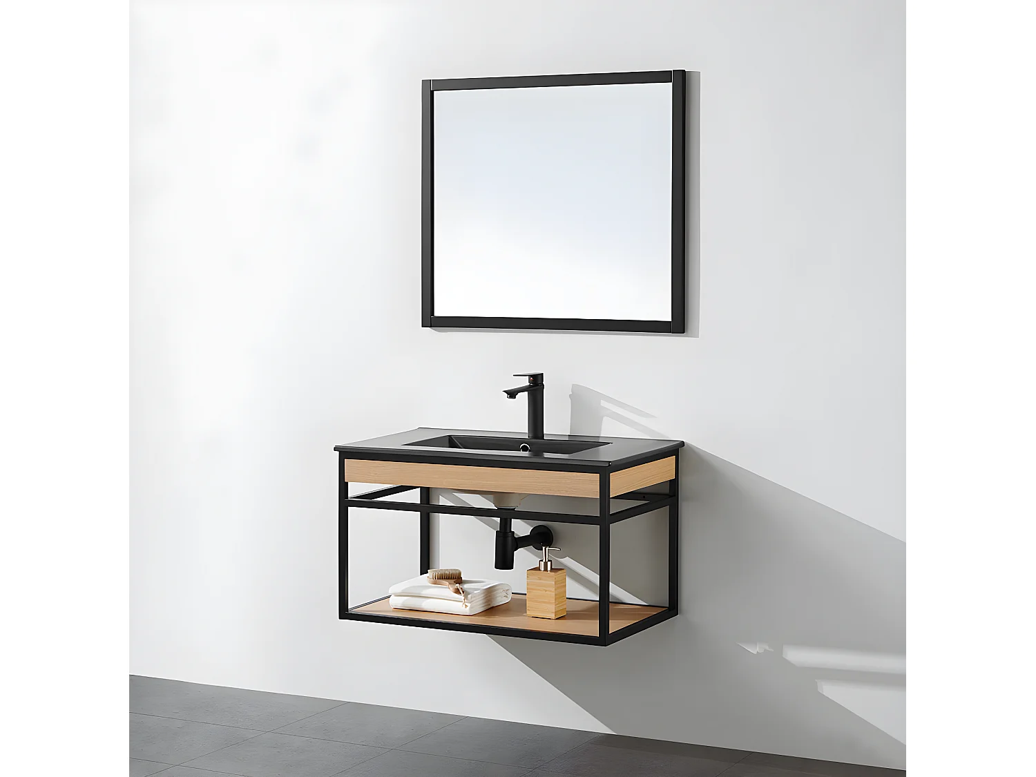 Meuble salle de bain suspendu PURE largeur 80 cm en métal noir avec vasque céramique noire