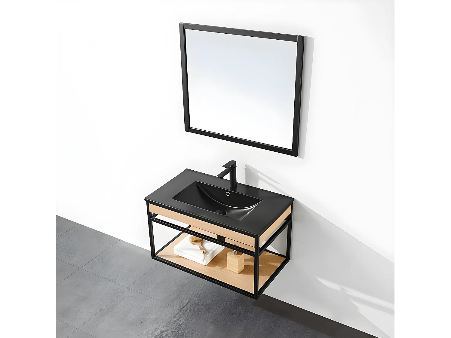 Meuble salle de bain suspendu PURE largeur 80 cm en métal noir avec vasque céramique noire