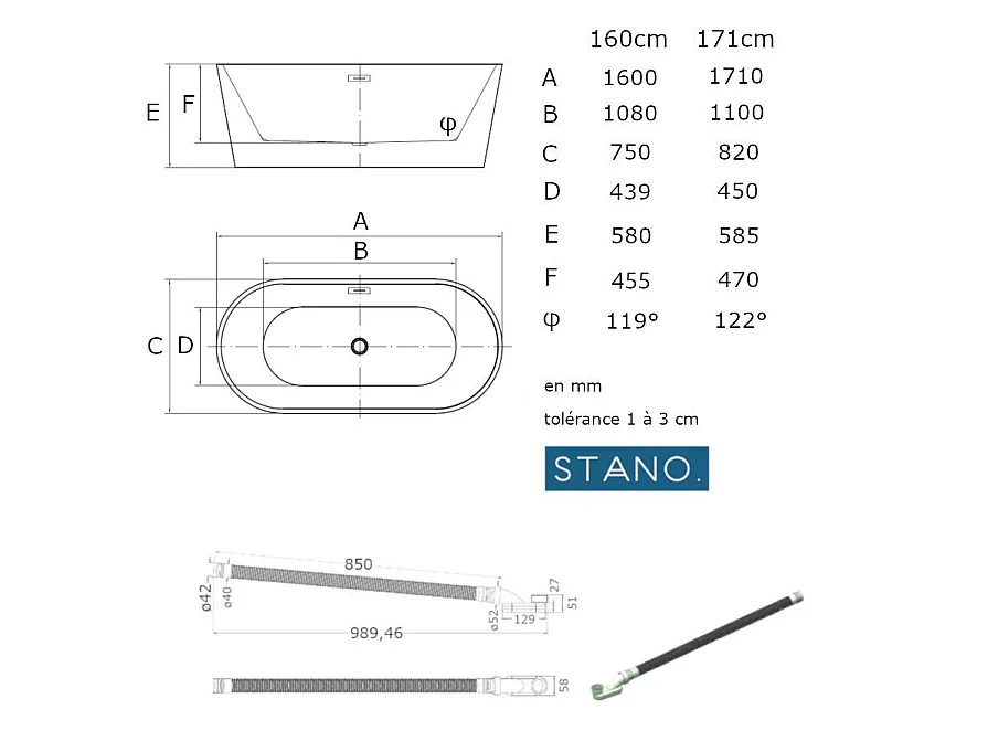 Freistehende ovale Badewanne BERWIN weiß 160 cm aus verstärktem Résicryl® Acryl mit Glasfaser, modernes Design, ohne Füße