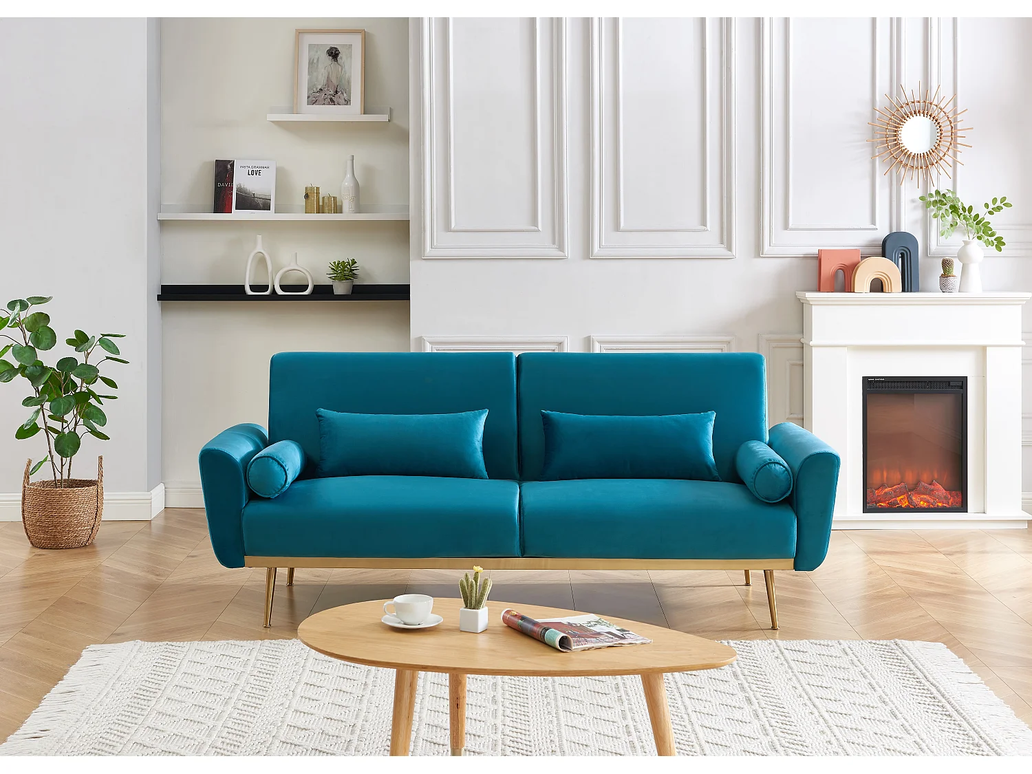 Canapé droit COLETTE en velours bleu canard avec fonction convertible