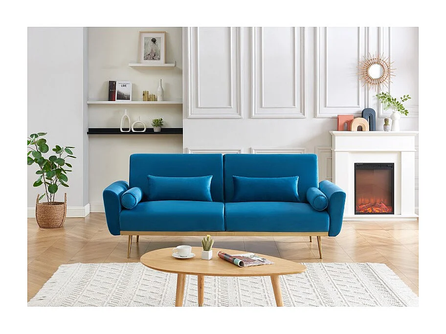 Canapé droit COLETTE en velours bleu avec fonction convertible