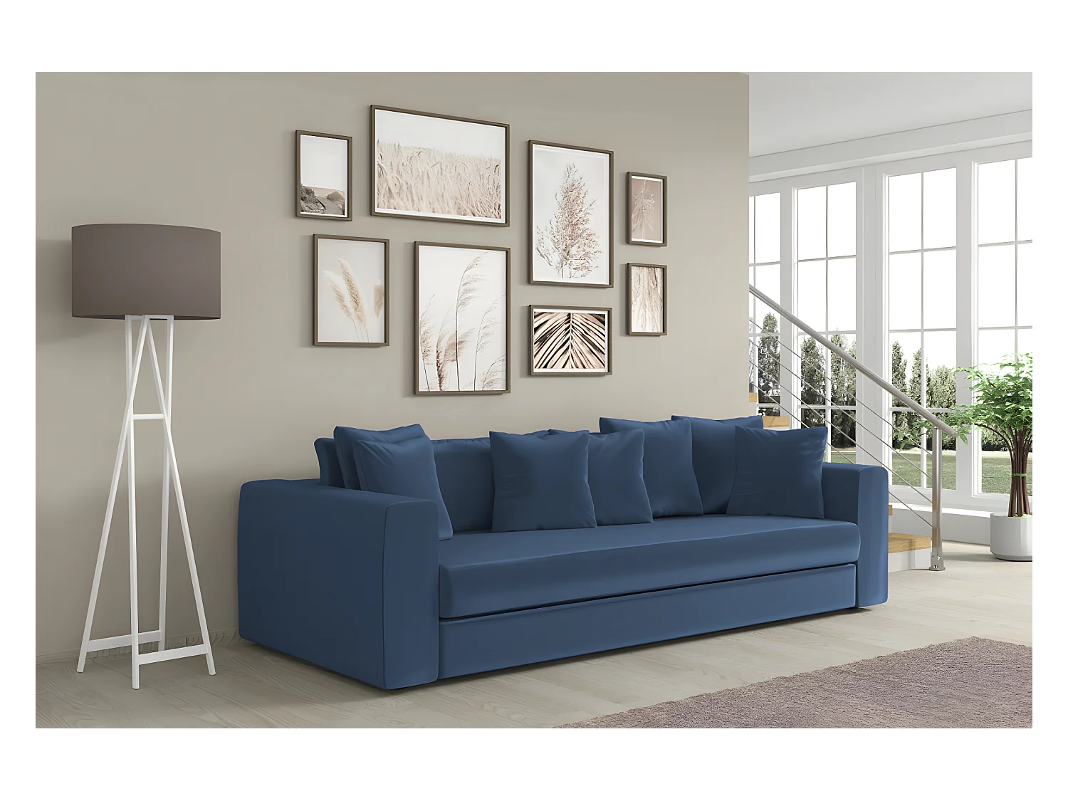 Canapé droit ADEL fixe en velours bleu