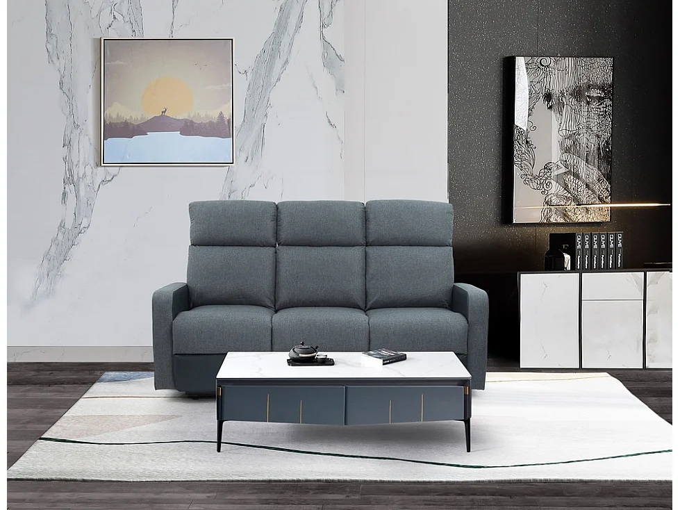 Canapé relax LOVA en PU noir et tissu gris foncé électrique 3 places