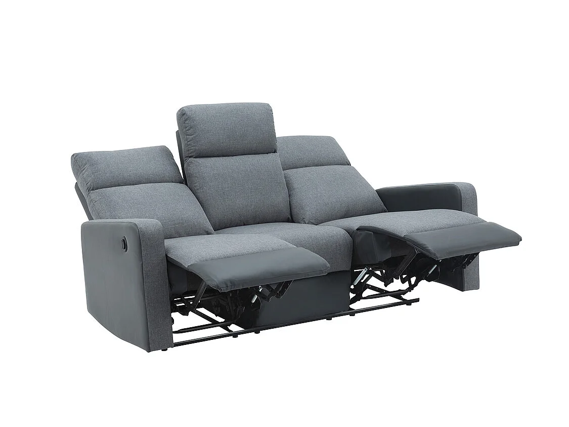 Canapé relax LOVA en PU noir et tissu gris foncé électrique 3 places