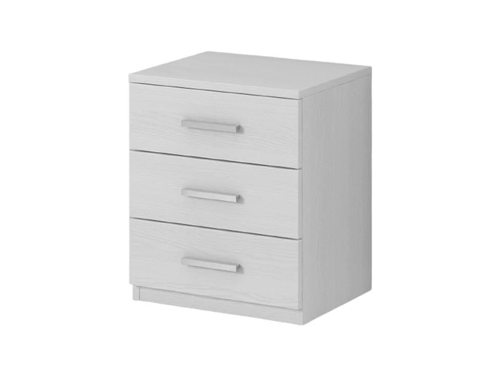 Table de chevet trois tiroirs, collection FLOYD. Coloris blanc effet bois.