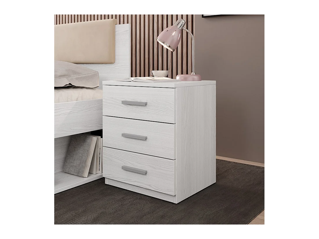 Table de chevet trois tiroirs, collection FLOYD. Coloris blanc effet bois.