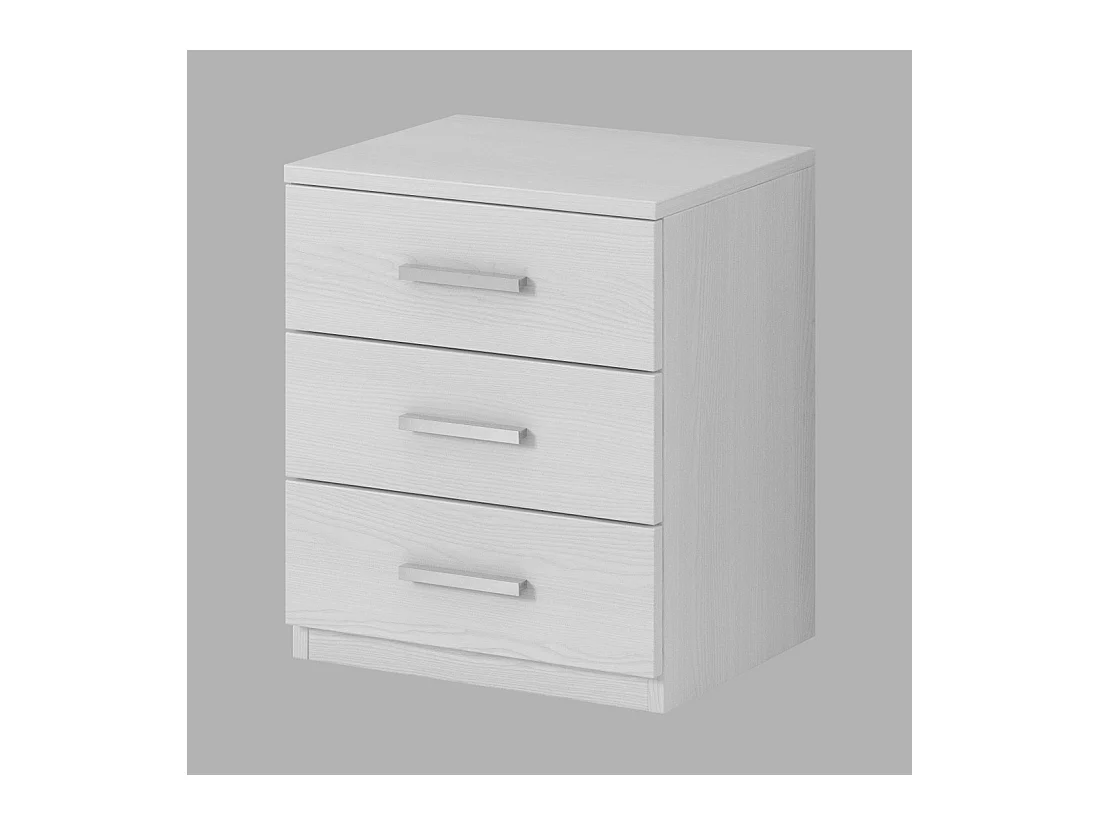 Table de chevet trois tiroirs, collection FLOYD. Coloris blanc effet bois.