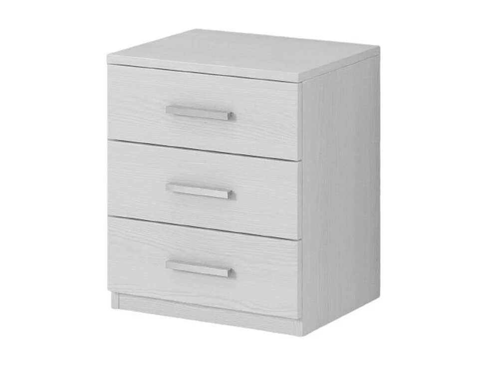 Table de chevet trois tiroirs, collection FLOYD. Coloris blanc effet bois.