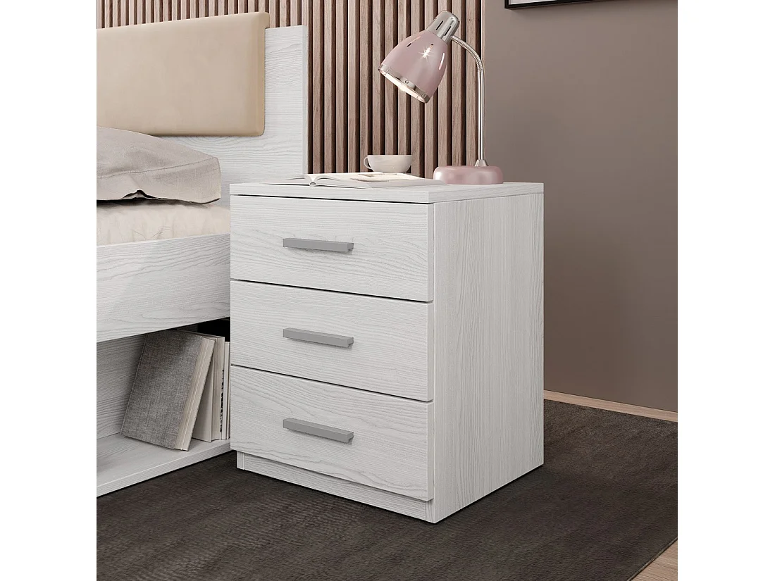 Table de chevet trois tiroirs, collection FLOYD. Coloris blanc effet bois.