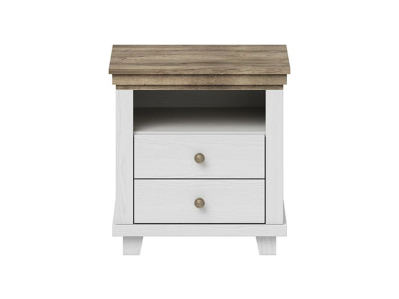 Nachttisch mit zwei Schubladen und einem Fach, Farbe Weiß und Eiche. Kollektion ASSIA