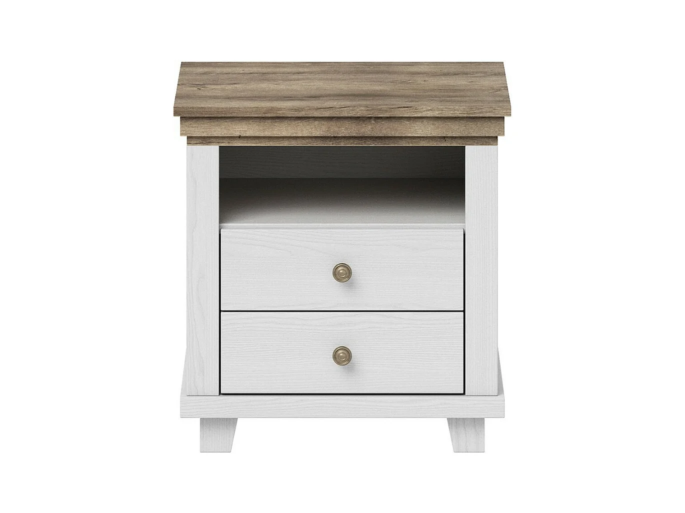 Mesita de noche con dos cajones y un nicho, colores blanco y roble. Colección ASSIA.