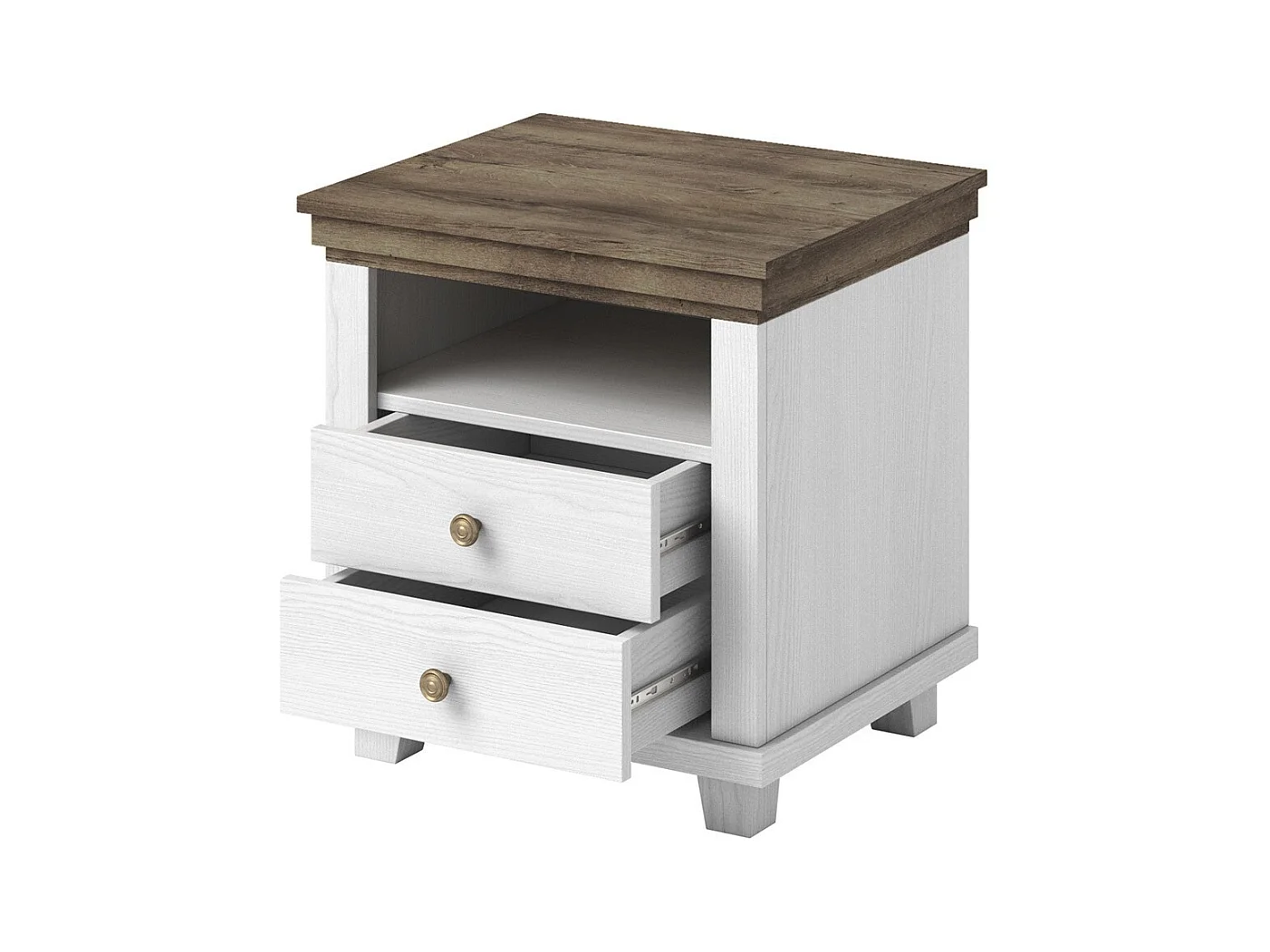 Mesita de noche con dos cajones y un nicho, colores blanco y roble. Colección ASSIA.