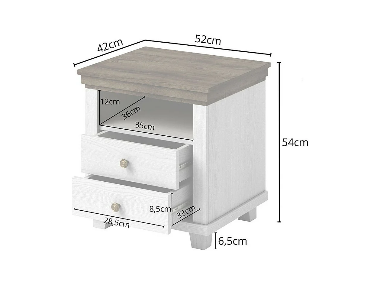 Mesita de noche con dos cajones y un nicho, colores blanco y roble. Colección ASSIA.