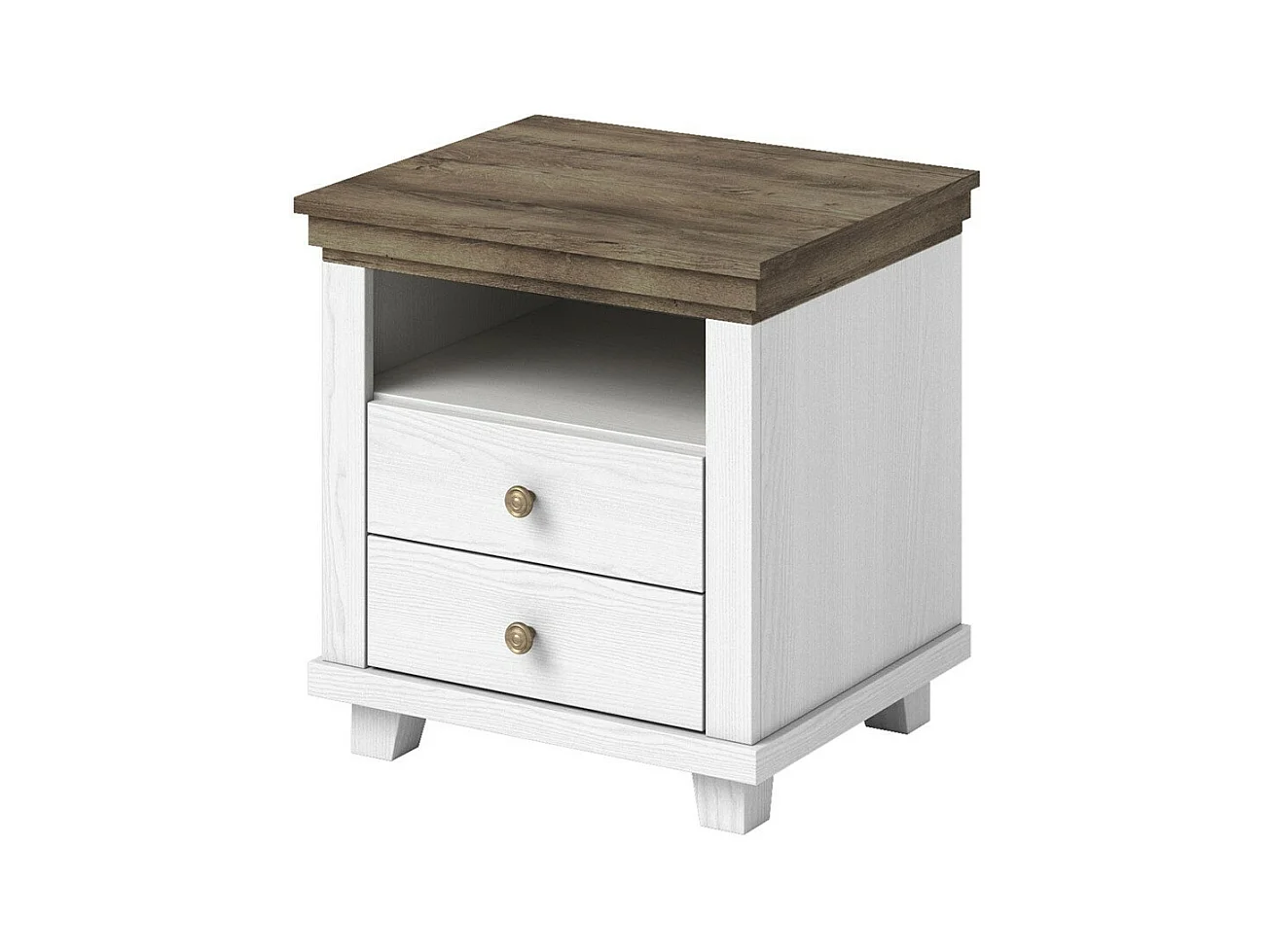 Mesita de noche con dos cajones y un nicho, colores blanco y roble. Colección ASSIA.
