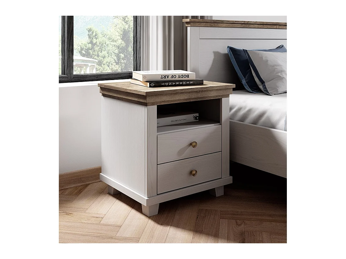 Mesita de noche con dos cajones y un nicho, colores blanco y roble. Colección ASSIA.