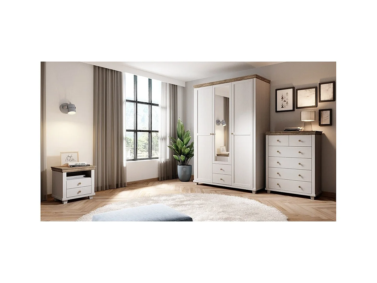 Mesita de noche con dos cajones y un nicho, colores blanco y roble. Colección ASSIA.