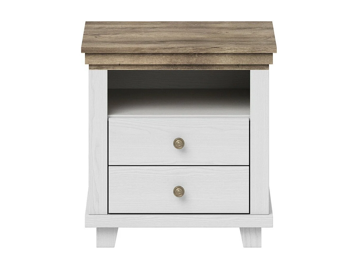 Table de chevet ASSIA – 2 tiroirs + 1 niche – Blanc et chêne – Style scandinave