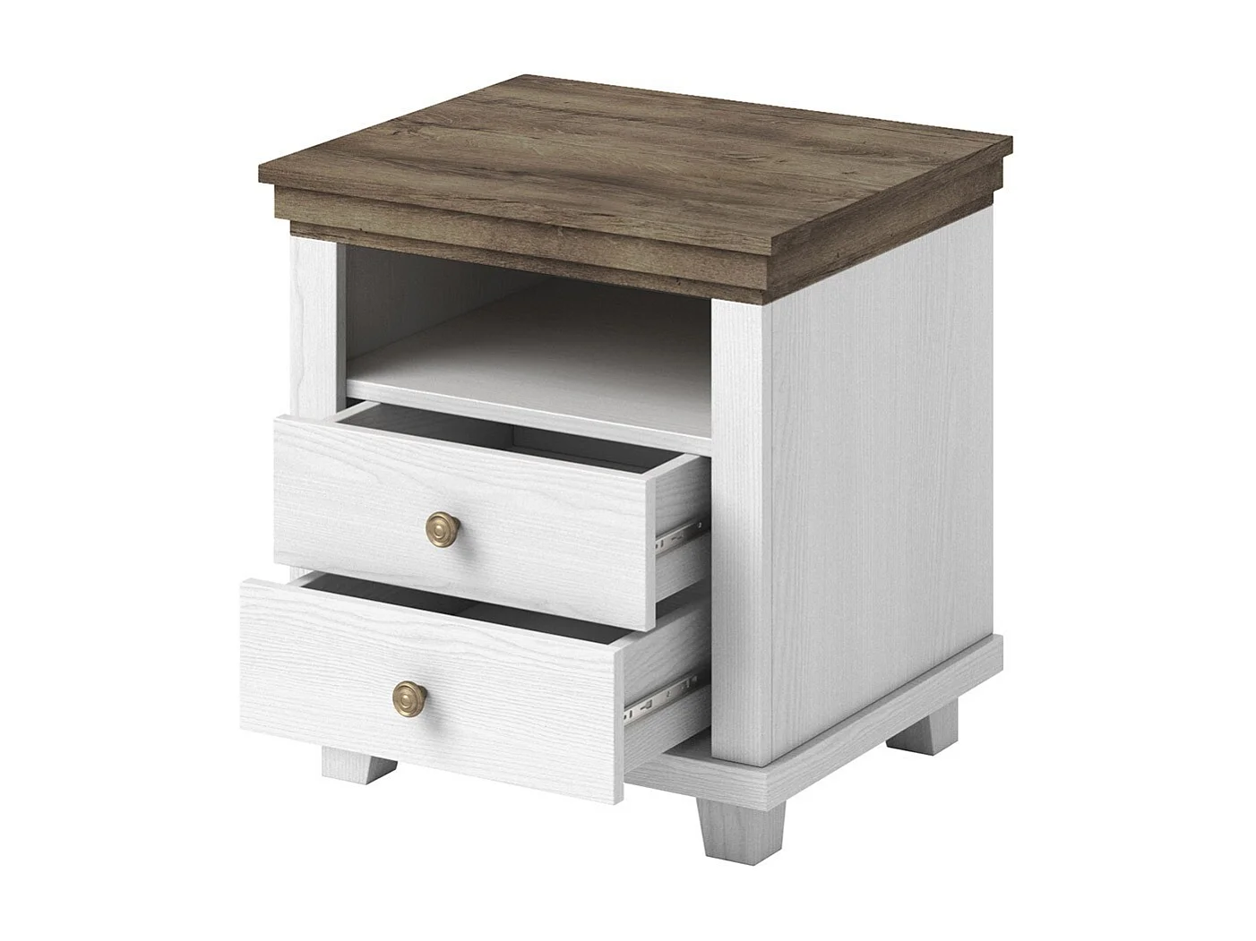 Table de chevet ASSIA – 2 tiroirs + 1 niche – Blanc et chêne – Style scandinave