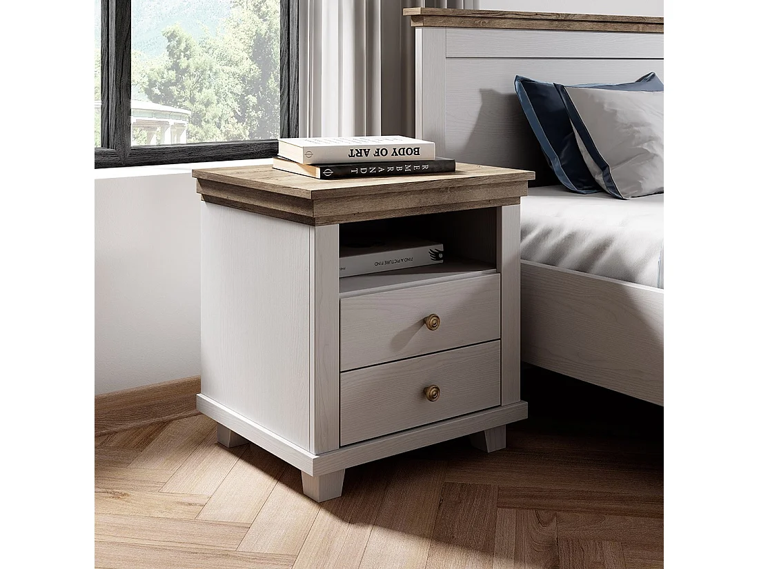 Table de chevet ASSIA – 2 tiroirs + 1 niche – Blanc et chêne – Style scandinave