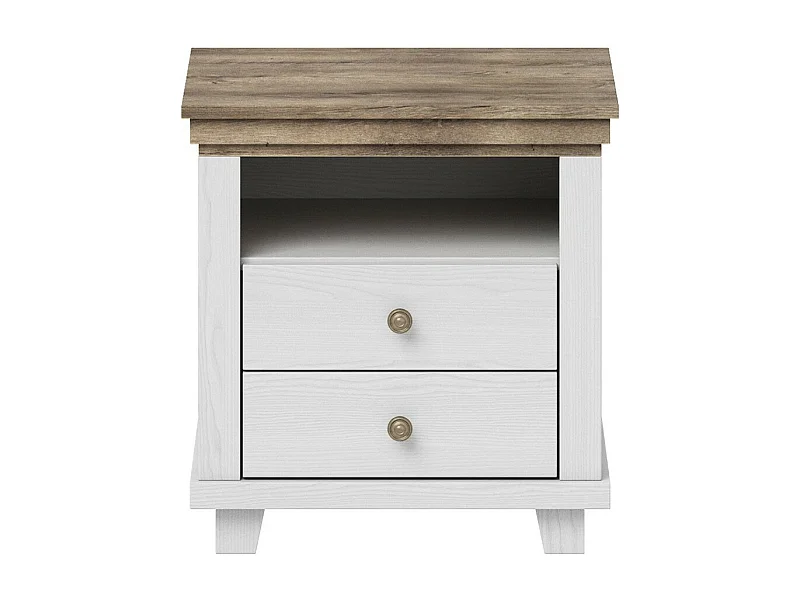 Mesita de noche con dos cajones y un nicho, colores blanco y roble. Colección ASSIA.