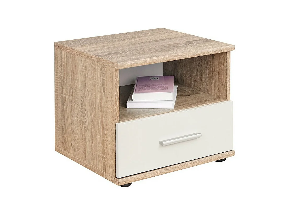 Nachttisch mit Schublade und Ablagefach, Kollektion DENVER. Farbe in hellem Eichenholz und Weiß.