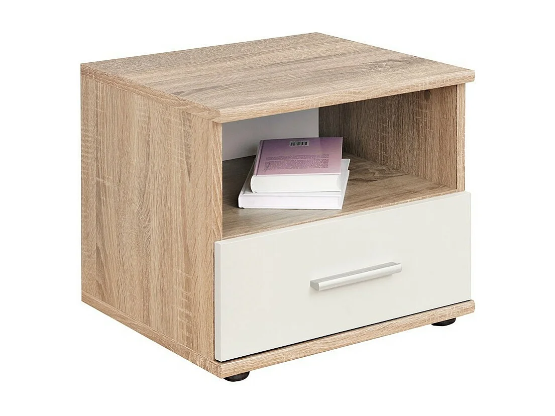 Table de chevet DENVER – 1 tiroir + 1 niche – Chêne clair et blanc – Style scandinave