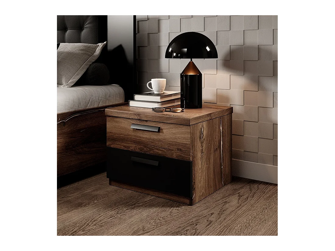 Table de chevet 2 tiroirs – Chêne foncé et noir – Collection FOX