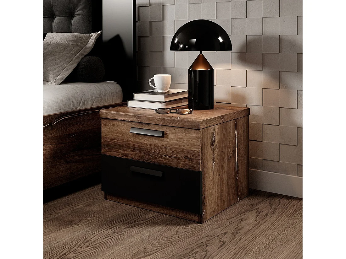 Nachtkastje met 2 lades - Donkere eik en zwart - Collectie FOX